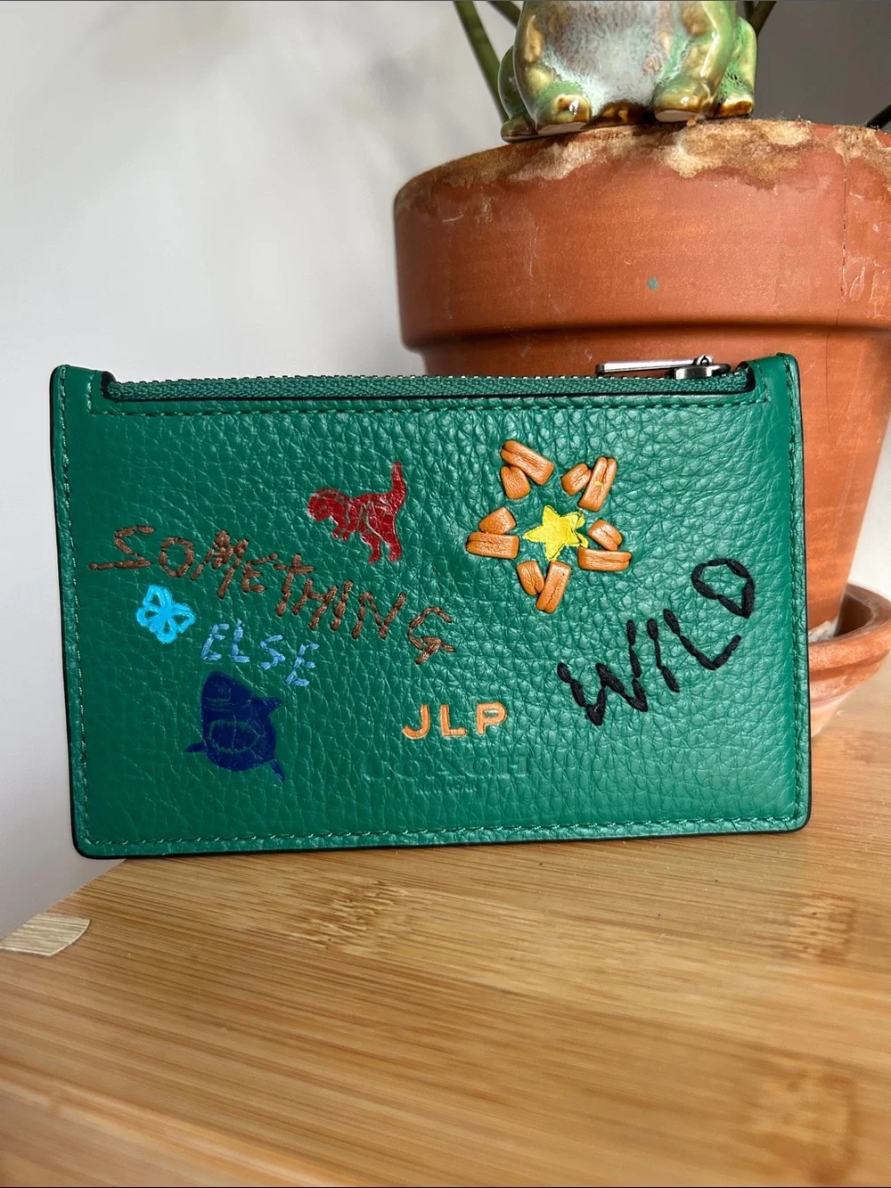 Coach Green Leather Zip Card Holder with Colorful Embroidery Customized Embossed